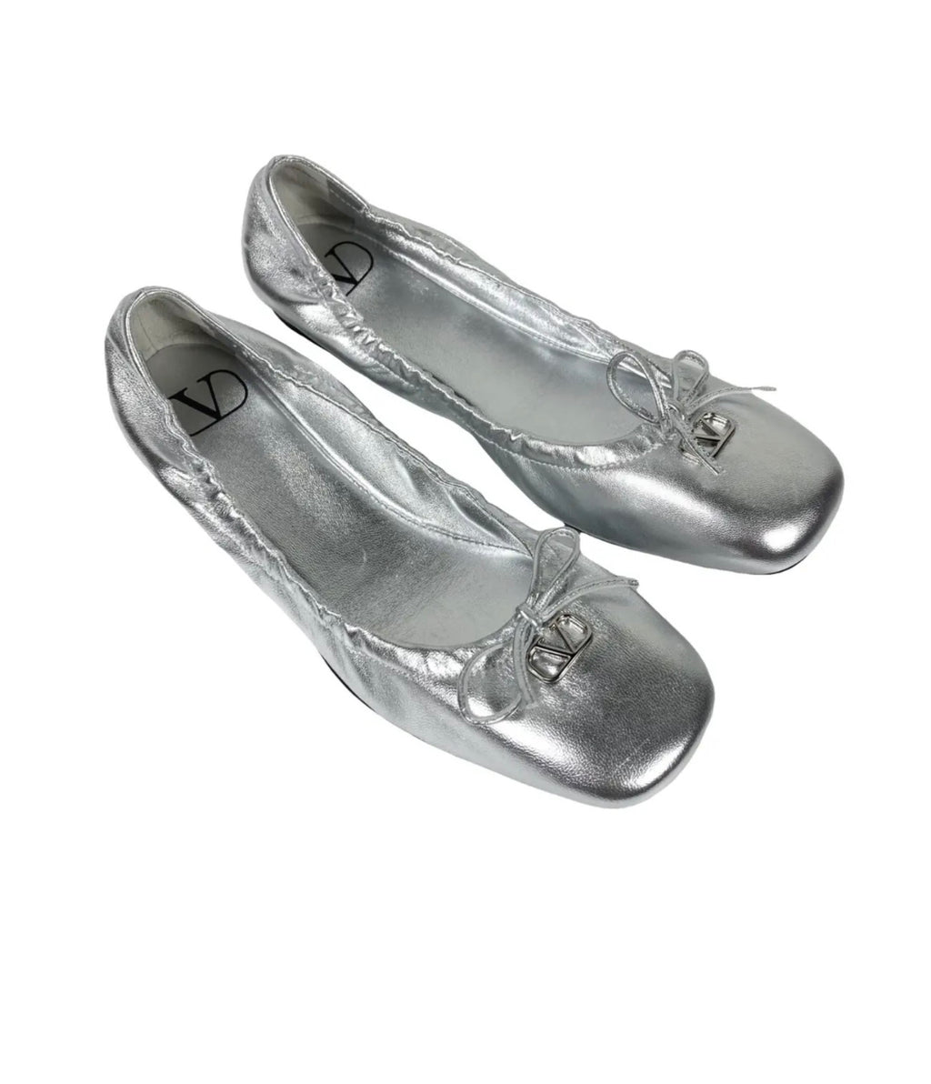 Valentino Garavani Silver Square Toe Ballet Flats, Size 39