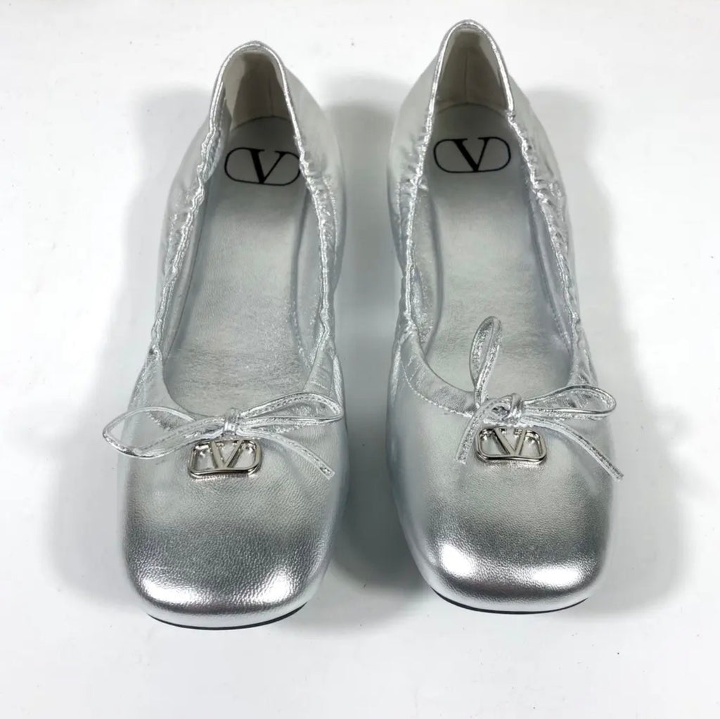 Valentino Garavani Silver Square Toe Ballet Flats, Size 39