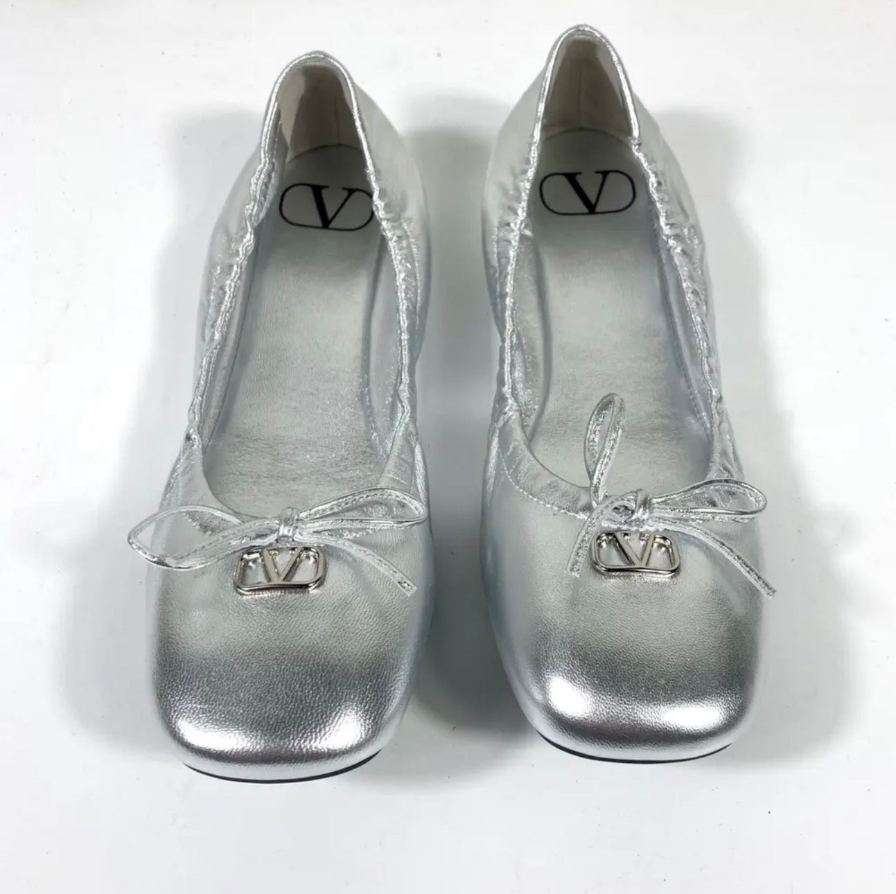 Valentino Garavani Silver Square Toe Ballet Flats, Size 39