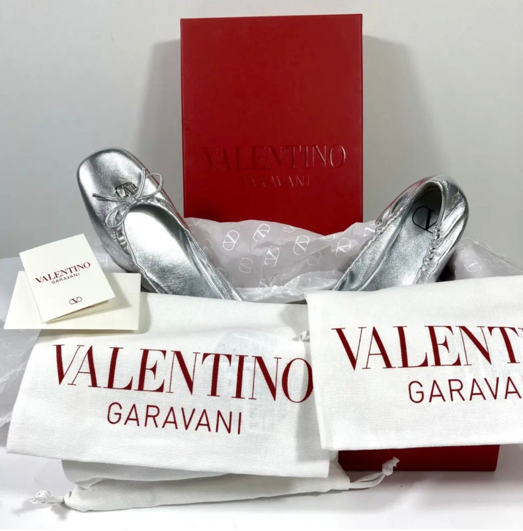 Valentino Garavani Silver Square Toe Ballet Flats, Size 39