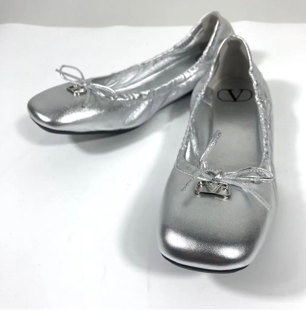 Valentino Garavani Silver Square Toe Ballet Flats, Size 39