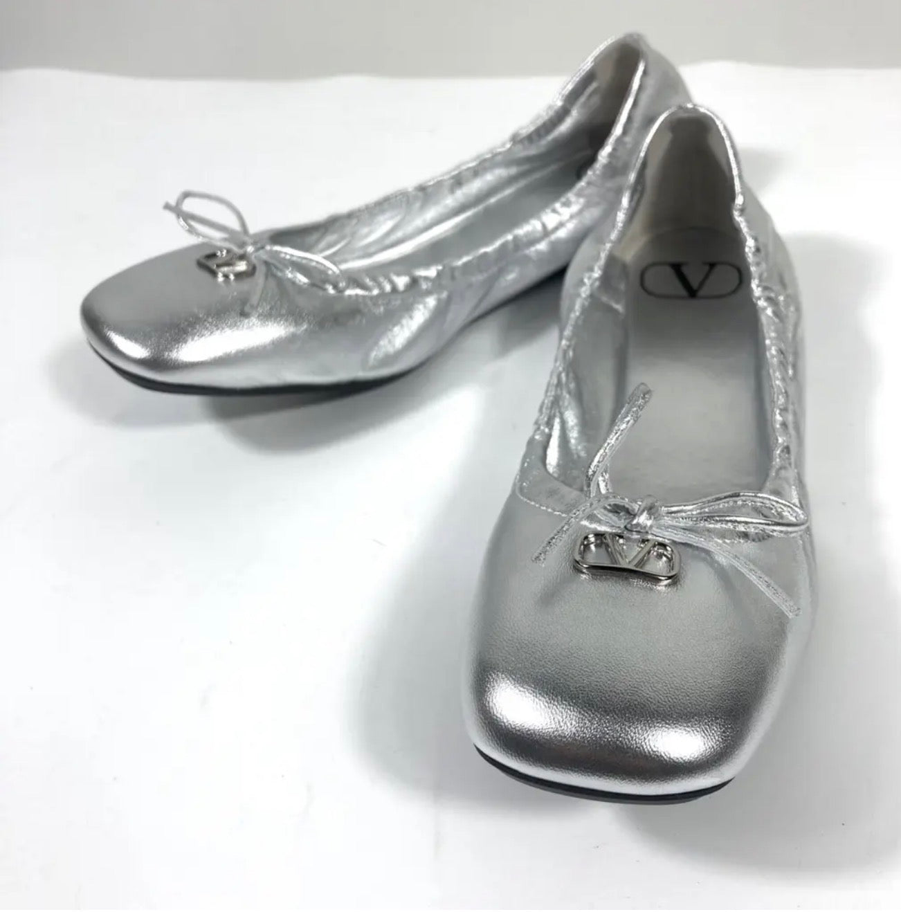 Valentino Garavani Silver Square Toe Ballet Flats, Size 39