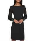 KARL LAGERFELD PARIS Scuba Crepe Crew Neck Chiffon Long Sleeve Pearl Cuff Sheath Mini Dress