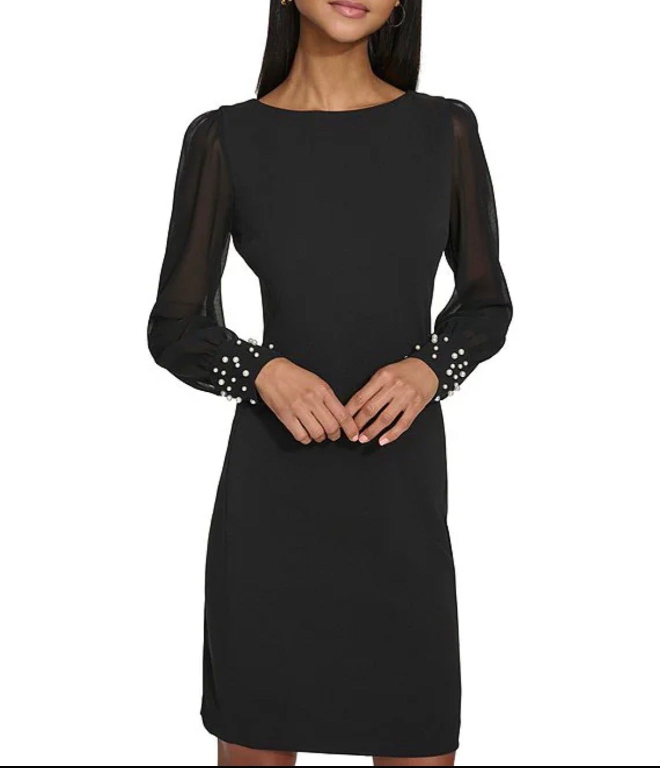 KARL LAGERFELD PARIS Scuba Crepe Crew Neck Chiffon Long Sleeve Pearl Cuff Sheath Mini Dress