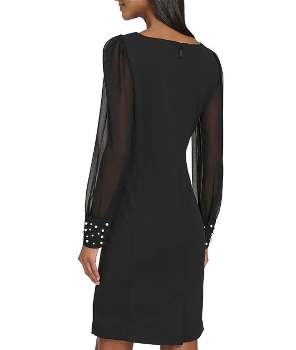KARL LAGERFELD PARIS Scuba Crepe Crew Neck Chiffon Long Sleeve Pearl Cuff Sheath Mini Dress
