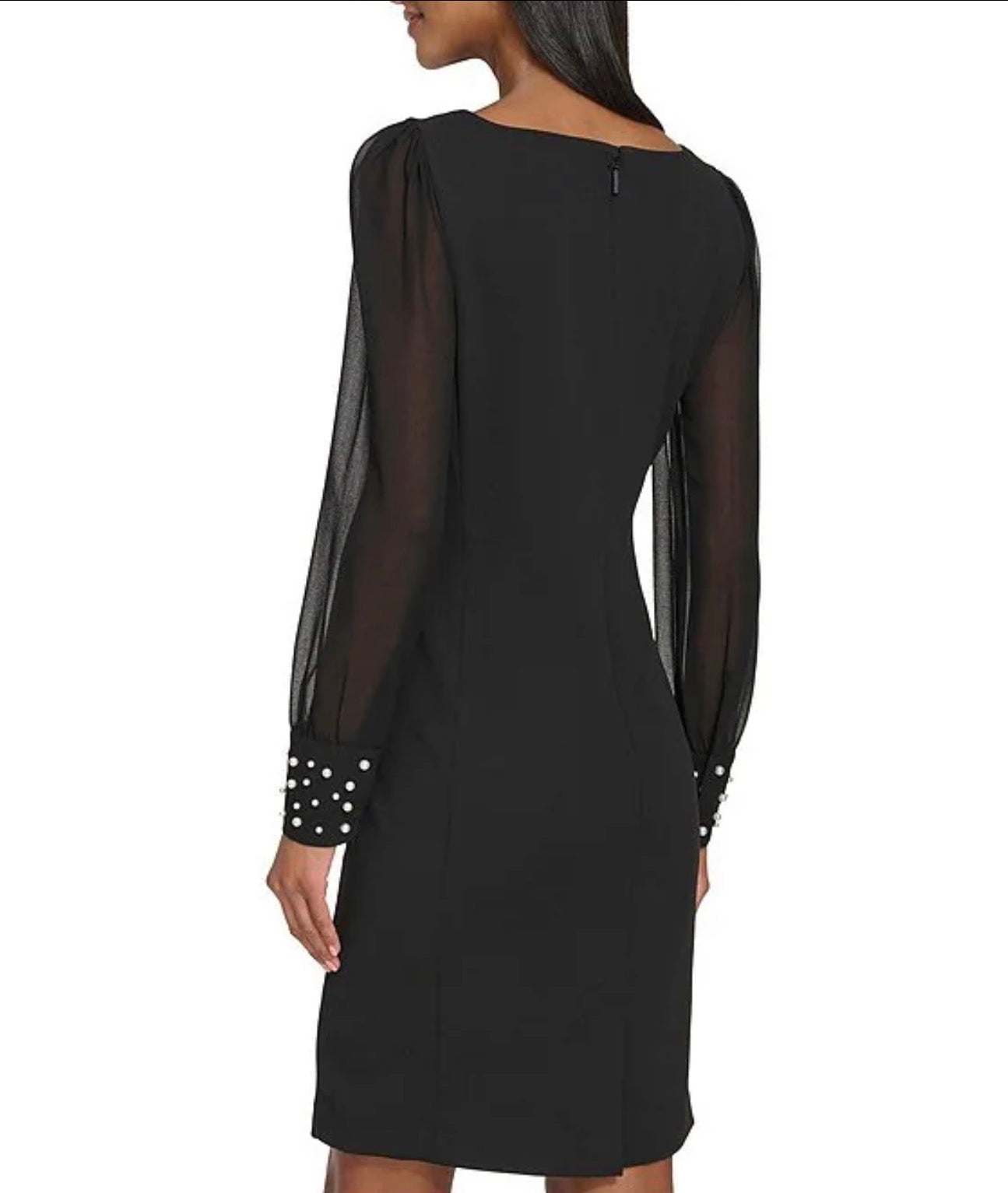 KARL LAGERFELD PARIS Scuba Crepe Crew Neck Chiffon Long Sleeve Pearl Cuff Sheath Mini Dress
