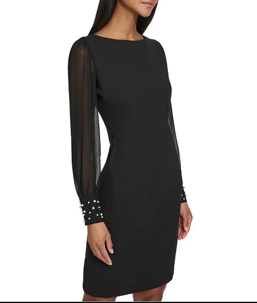 KARL LAGERFELD PARIS Scuba Crepe Crew Neck Chiffon Long Sleeve Pearl Cuff Sheath Mini Dress