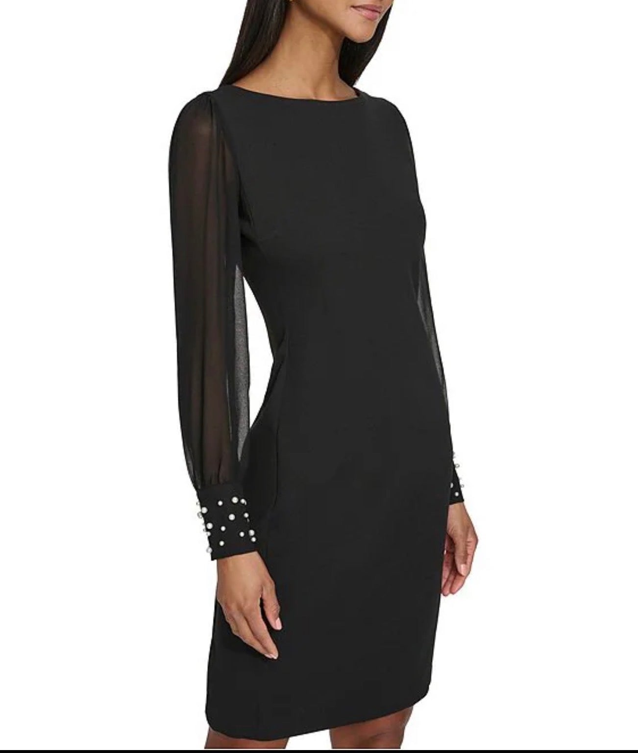 KARL LAGERFELD PARIS Scuba Crepe Crew Neck Chiffon Long Sleeve Pearl Cuff Sheath Mini Dress