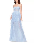 AQUA Strapless Lace Tulle Ruffle Gown
