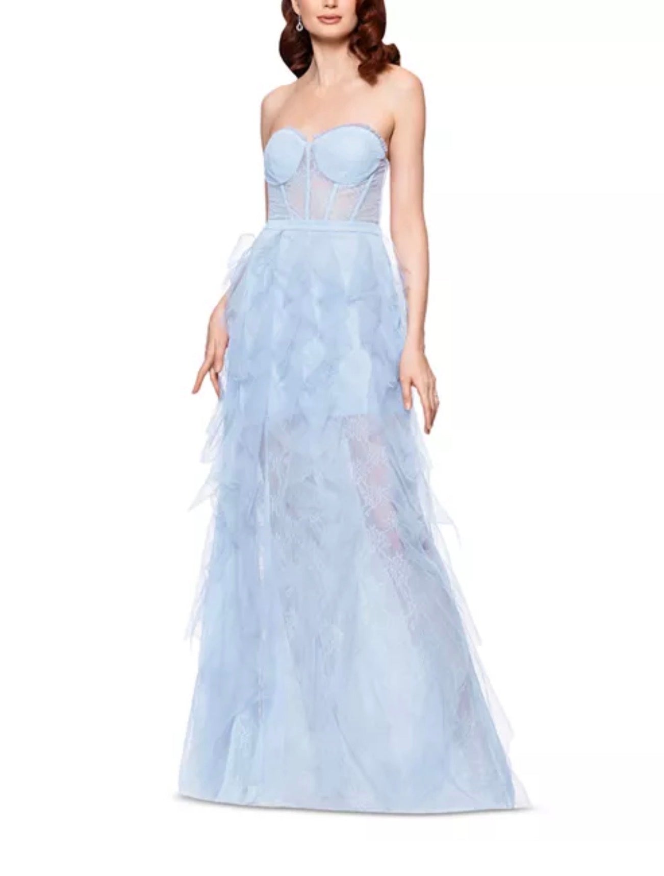 AQUA Strapless Lace Tulle Ruffle Gown