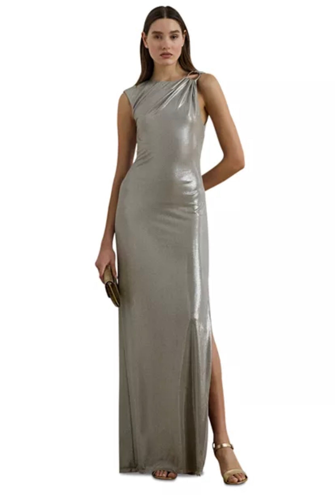 Lauren Ralph Lauren Buckle Trim Metallic Sleeveless Gown