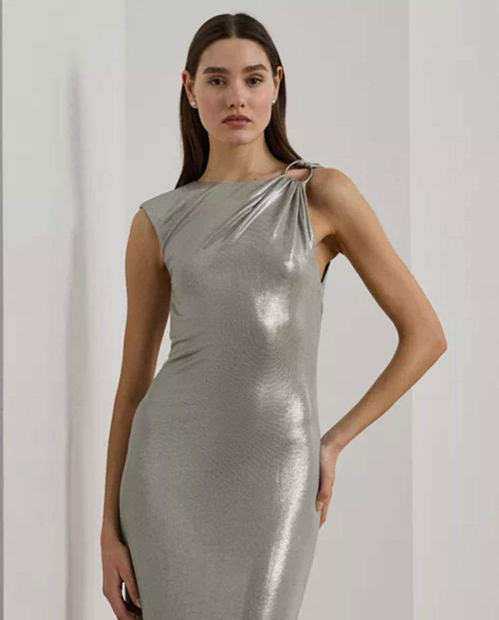 Lauren Ralph Lauren Buckle Trim Metallic Sleeveless Gown