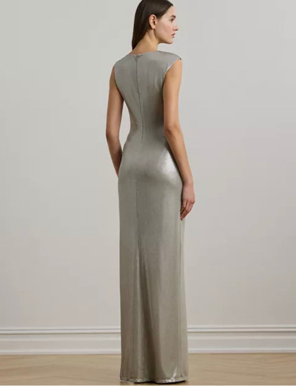 Lauren Ralph Lauren Buckle Trim Metallic Sleeveless Gown