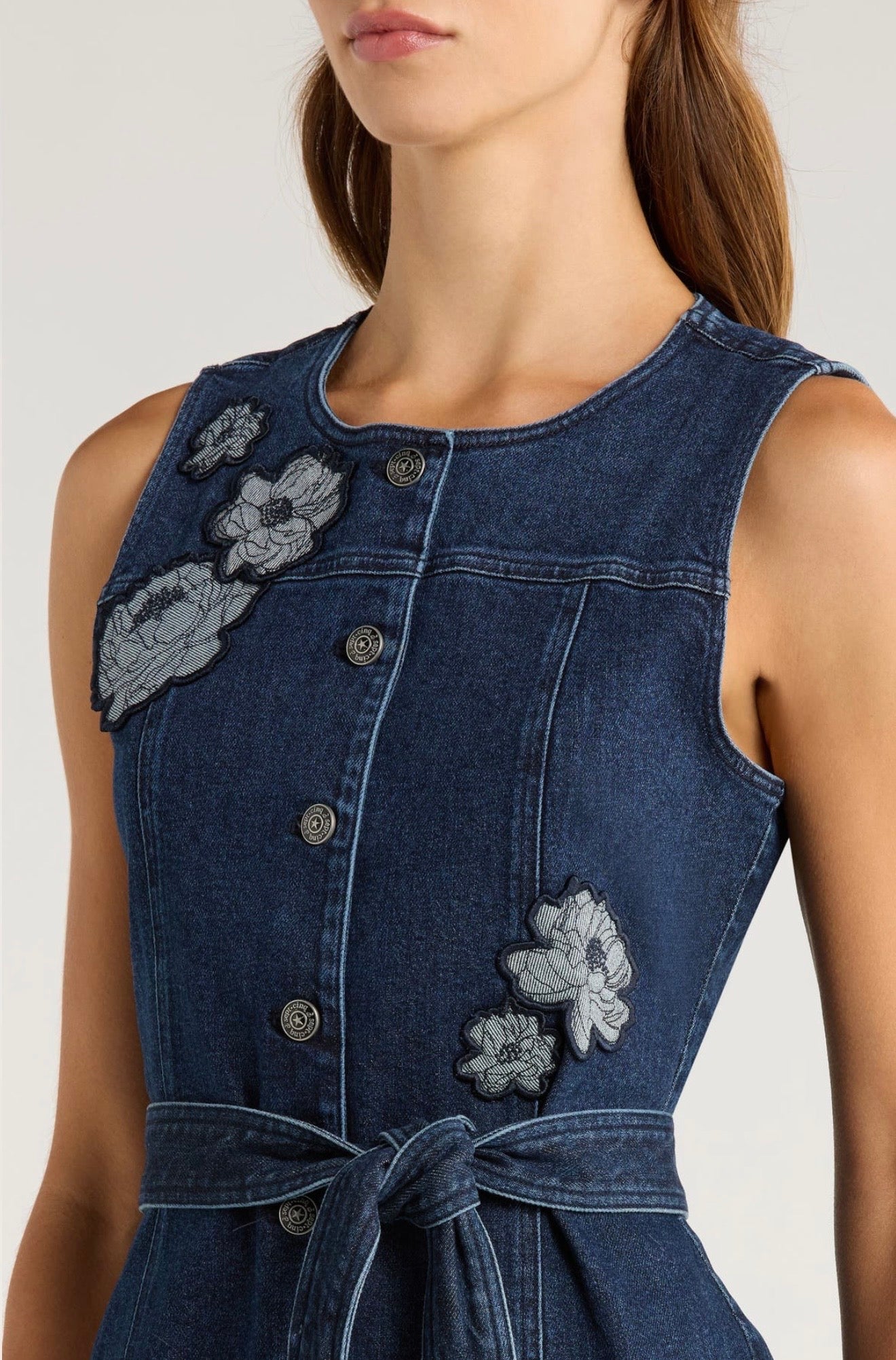 Cinq à Sept Marsha Floral Appliqué Tie Waist Denim Dress