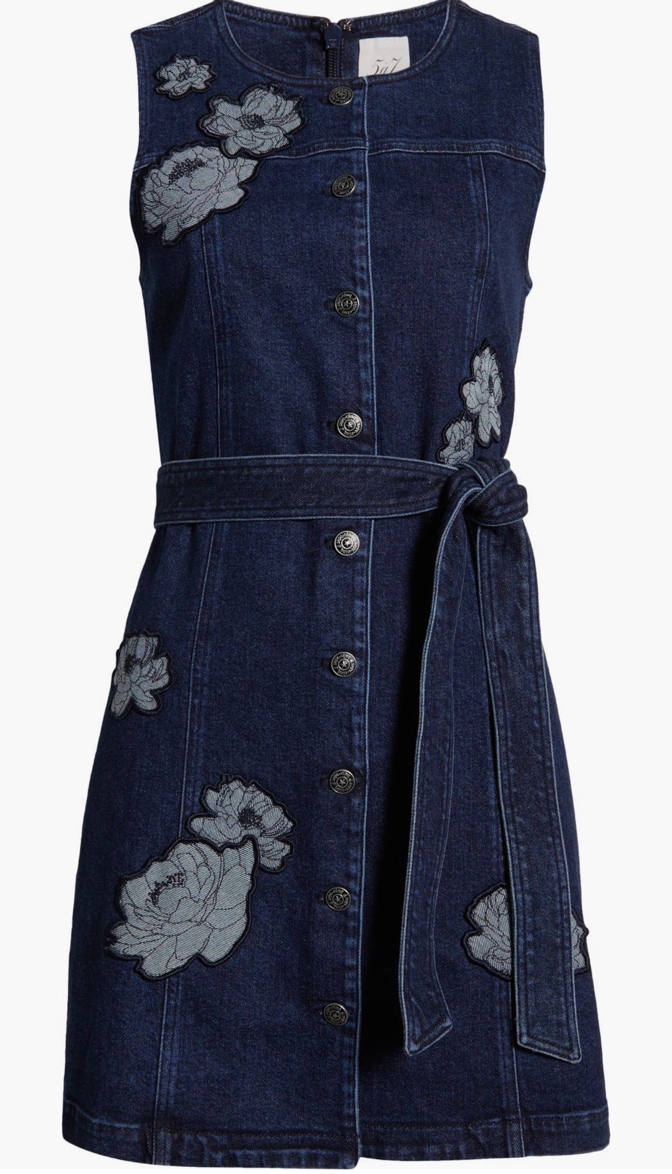 Cinq à Sept Marsha Floral Appliqué Tie Waist Denim Dress
