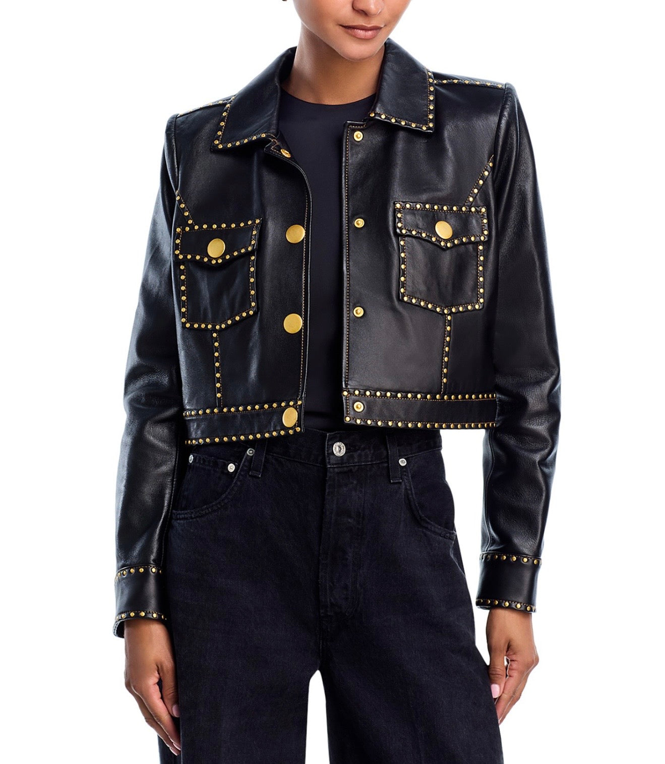 L'AGENCE Winsome Leather Crop Studded Jacket