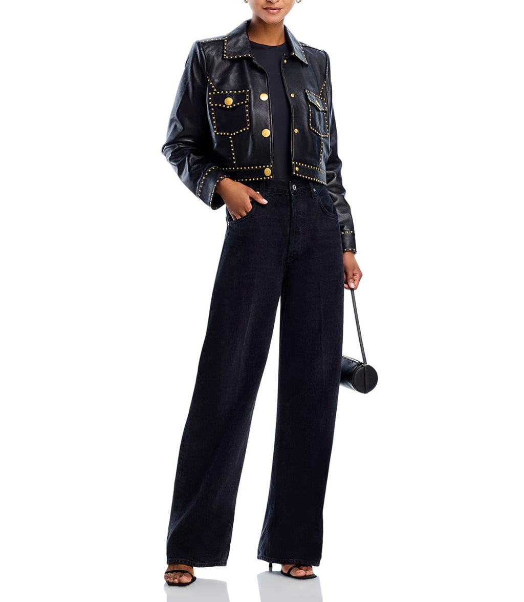 L'AGENCE Winsome Leather Crop Studded Jacket